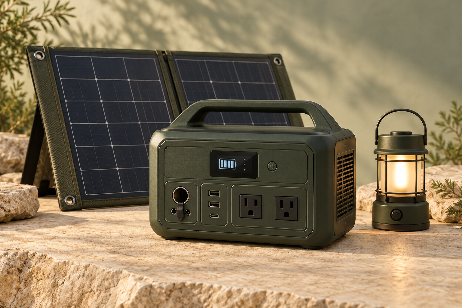 Illustrative portable power station, solar panel, and lantern on a warm stone surface